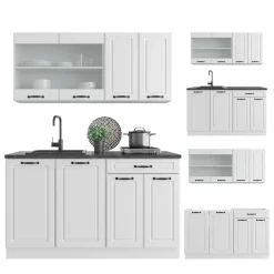 Singleküche R-Line Weiß Landhaus/Weiß 140 cm , AP Marmor Vicco