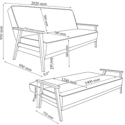 Sofa Dion Grau 202 cm mit Klappfunktion Vitalispa