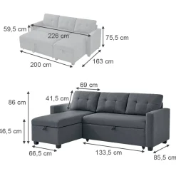 Sofa L Form Campina Grau 226 x 163 cm mit Schlaffunktion Vitalispa