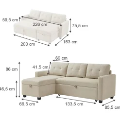 Sofa L-Form Campina Beige 226 x 163 cm mit Schlaffunktion Vitalispa