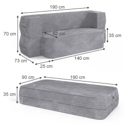 Sofa Lille Grau 190 cm mit Schlaffunktion Vitalispa