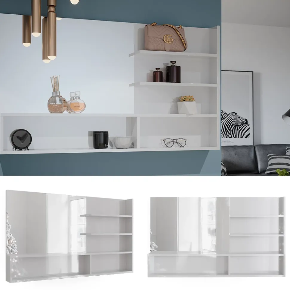 Spiegelregal Weiß Hochglanz 119.8 x 70 cm mit offenen Fächern Vicco