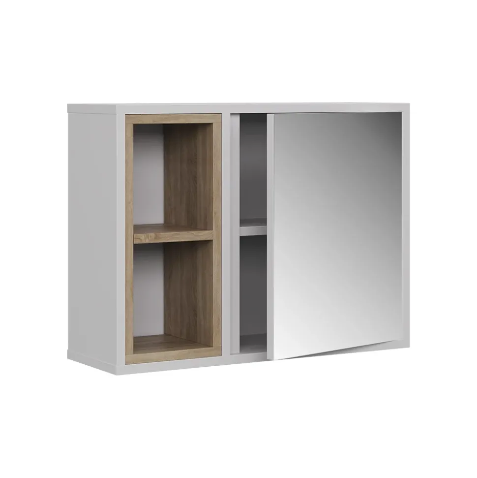 Spiegelschrank Elnor Weiß/Eiche 60 x 45 cm mit 2 offenen Fächern & 1 Tür Vicco