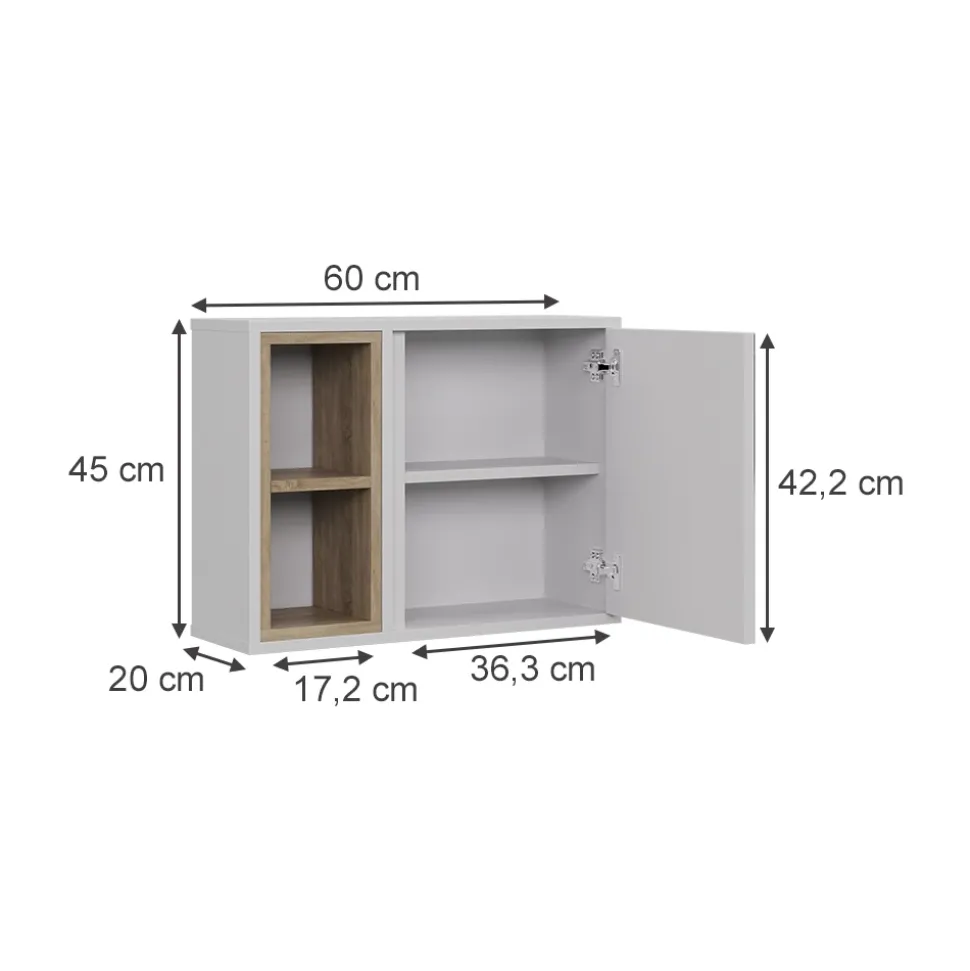 Spiegelschrank Elnor Weiß/Eiche 60 x 45 cm mit 2 offenen Fächern & 1 Tür Vicco
