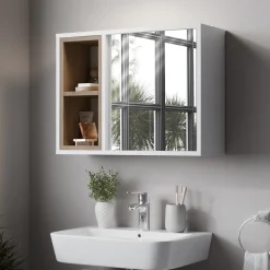 Spiegelschrank Elnor Weiß/Eiche 60 x 45 cm mit 2 offenen Fächern & 1 Tür Vicco