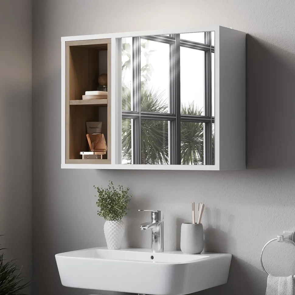 Spiegelschrank Elnor Weiß/Eiche 60 x 45 cm mit 2 offenen Fächern & 1 Tür Vicco