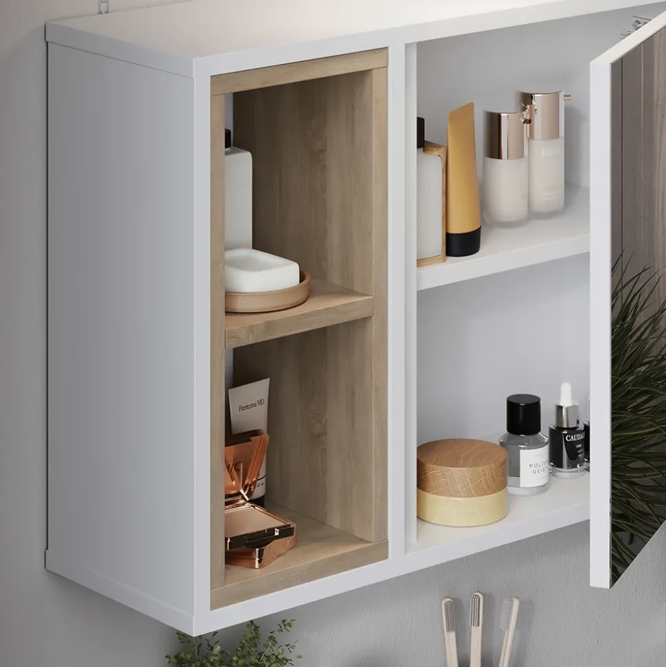 Spiegelschrank Elnor Weiß/Eiche 60 x 45 cm mit 2 offenen Fächern & 1 Tür Vicco