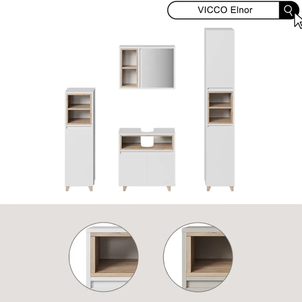 Spiegelschrank Elnor Weiß/Eiche 60 x 45 cm mit 2 offenen Fächern & 1 Tür Vicco