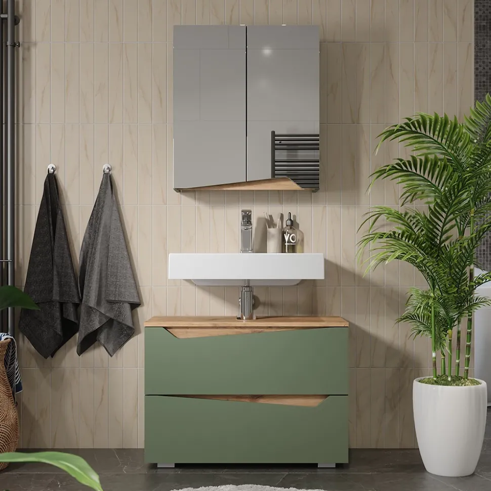 Spiegelschrank Marelle Grün/Artisan 60 x 67 cm mit höhenverstellbarem Einlegeboden Vicco