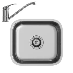 Spülbecken Flova Stahl 39 x 44 cm Set mit Armatur, Zulauf und Ablauf Vicco