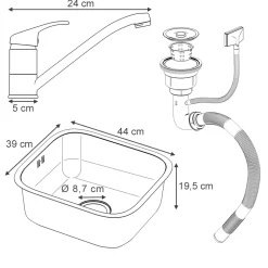 Spülbecken Flova Stahl 39 x 44 cm Set mit Armatur, Zulauf und Ablauf Vicco