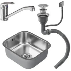 Spülbecken Flova Stahl 39 x 44 cm Set mit Armatur, Zulauf und Ablauf Vicco