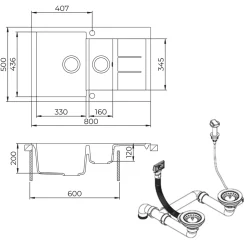 Spülbecken Seattle Beige 80 x 50 cm mit 2 Spülbecken & Trockenplatz Bergström