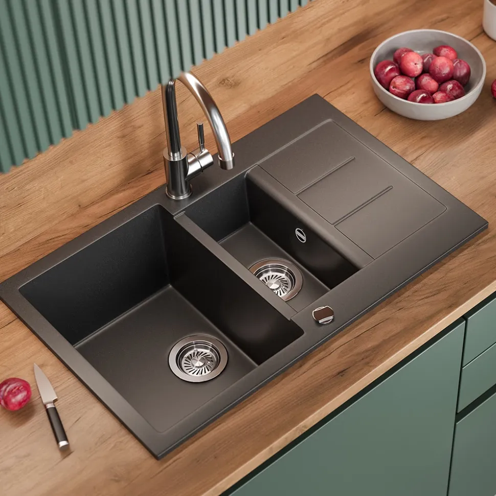 Spülbecken Seattle Schwarz 80 x 50 cm mit 2 Spülbecken & Trockenplatz Bergström