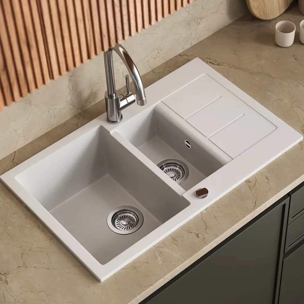 Spülbecken Seattle Weiß 80 x 50 cm mit 2 Spülbecken & Trockenplatz Bergström