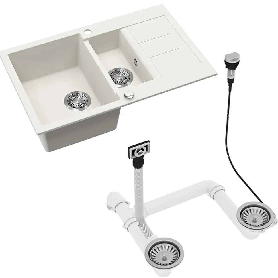 Spülbecken Seattle Weiß 80 x 50 cm mit 2 Spülbecken & Trockenplatz Bergström