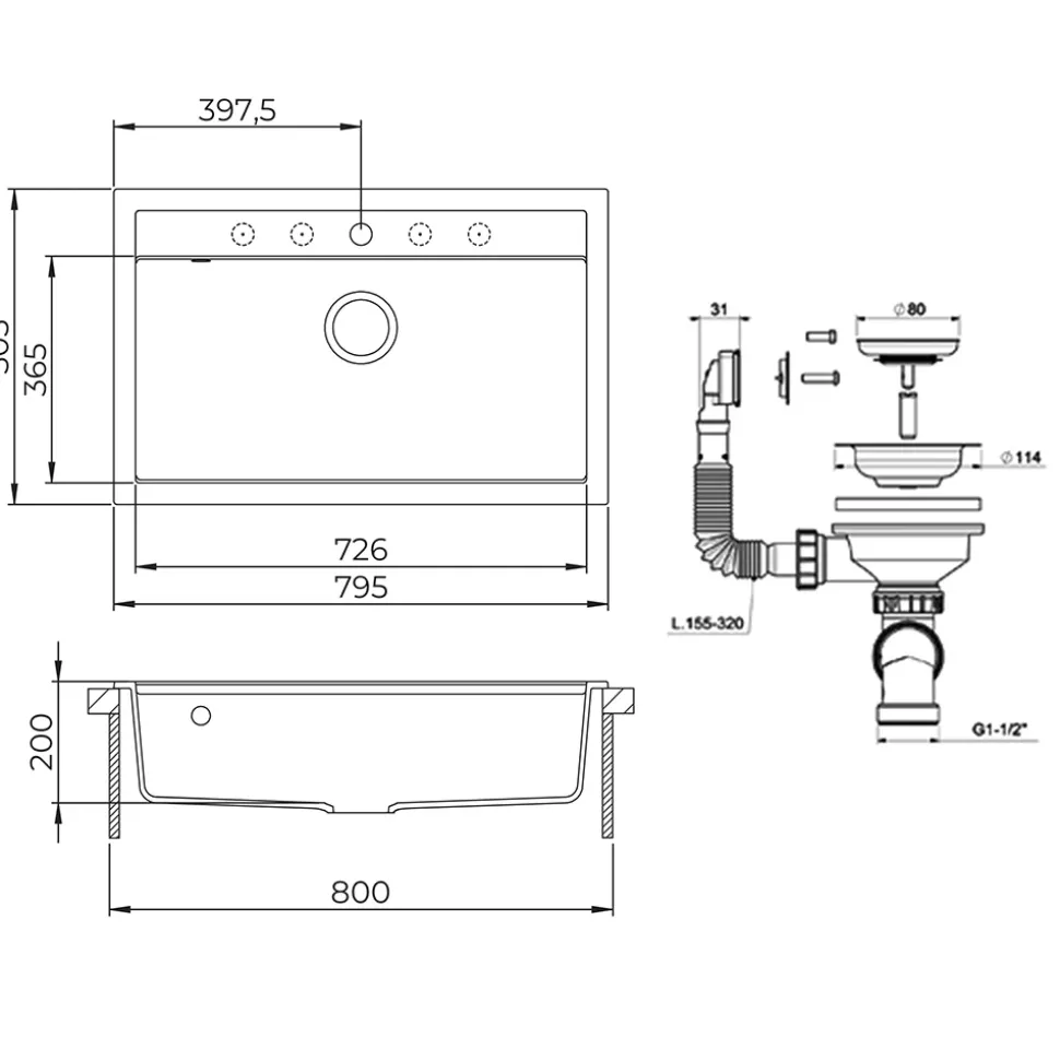 Spülbecken Sydney Schwarz 80 x 51 cm Bergström