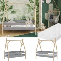 Tipi-Bett Bali Grau 80x160 cm mit Matratze Vitalispa