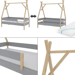 Tipi-Bett Bali Grau 80x160 cm mit Matratze Vitalispa