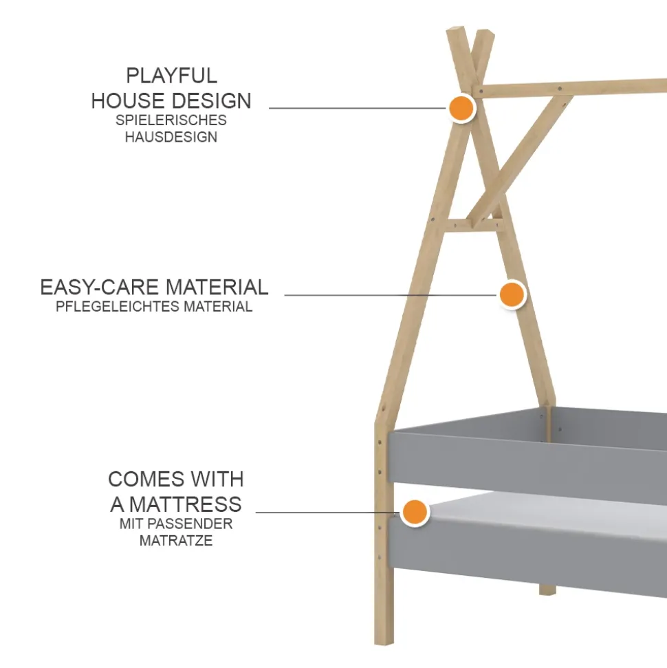 Tipi-Bett Bali Grau 80x160 cm mit Matratze Vitalispa