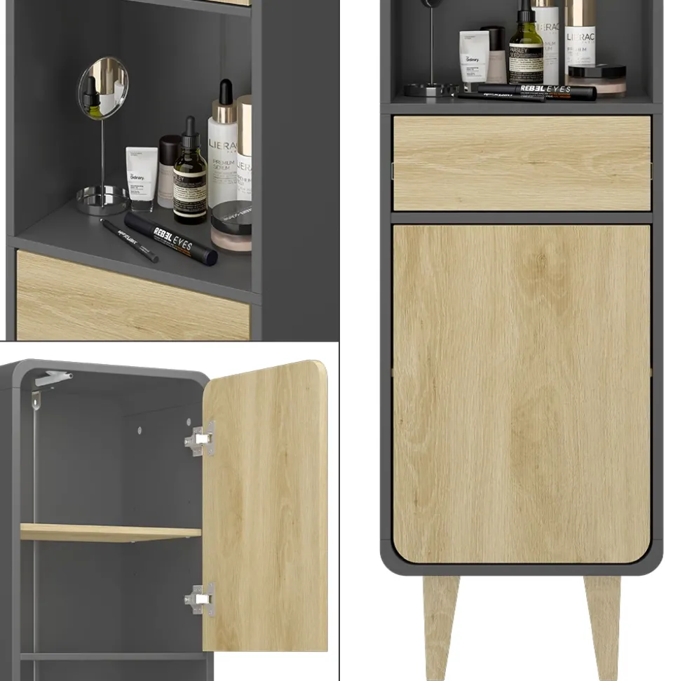 Vicco Badezimmermöbel Anthrazit/Eiche Arla 40x161x30 cm - Badezimmerhochschrank, Viel Stauraum für Handtücher, Kosmetik & Pflegeprodukte