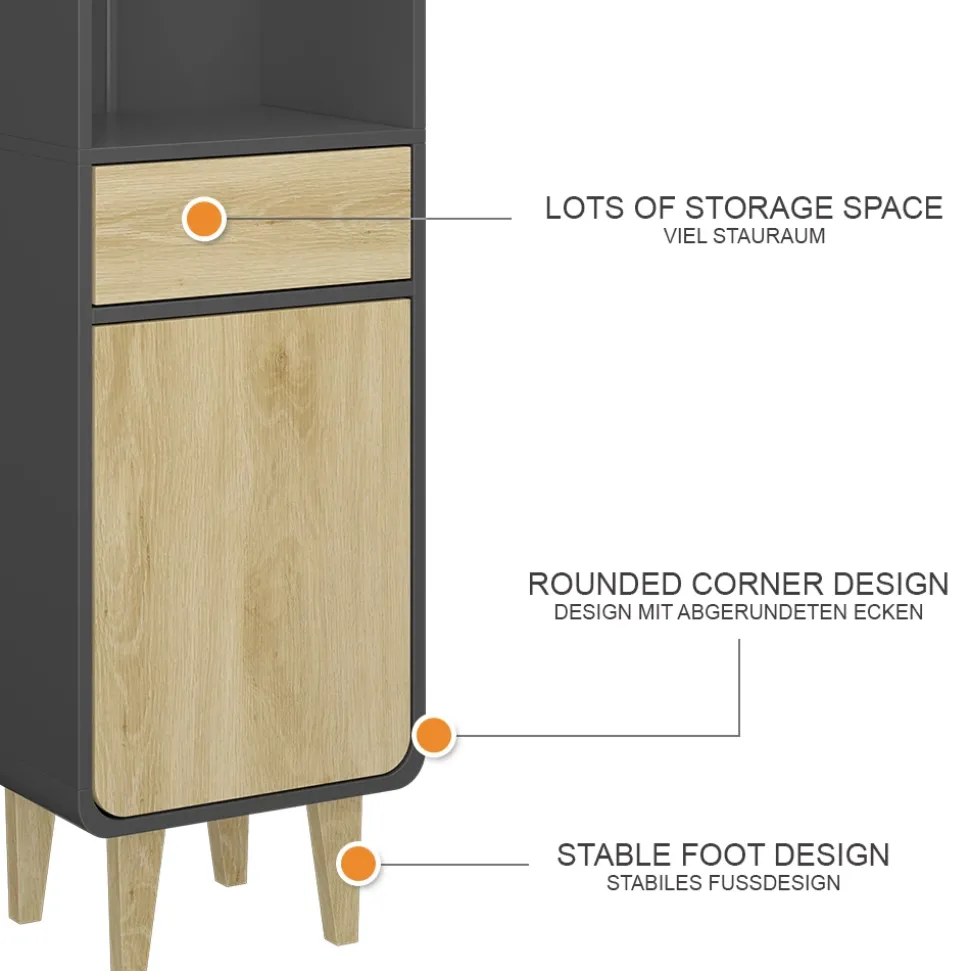 Vicco Badezimmermöbel Anthrazit/Eiche Arla 40x161x30 cm - Badezimmerhochschrank, Viel Stauraum für Handtücher, Kosmetik & Pflegeprodukte