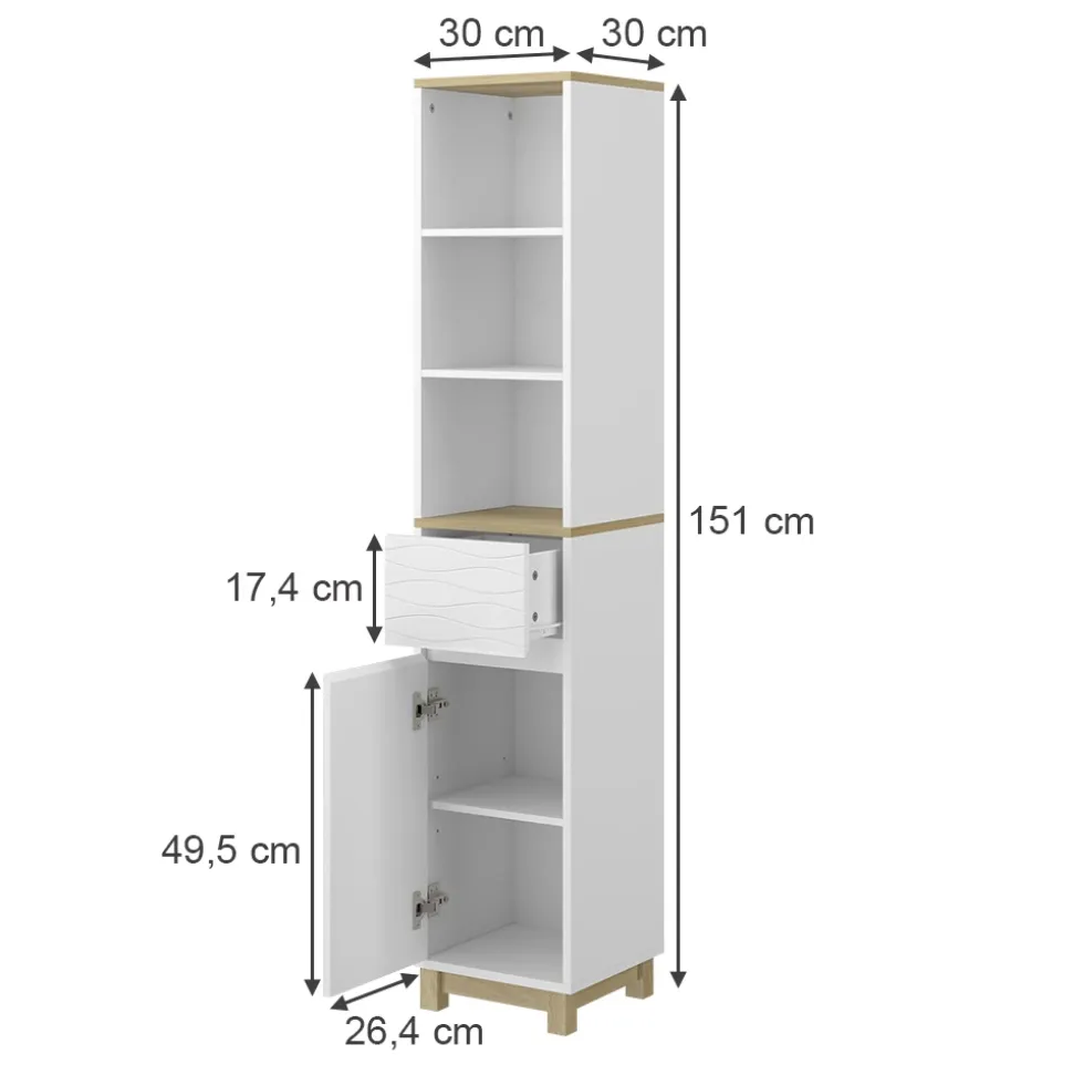 Vicco Badezimmermöbel Weiß Livia 30x151x30 cm - Badezimmerschrank, Nutzt den Raum über der Toilette clever aus