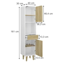 Vicco Badezimmermöbel Weiß/Eiche Arla 40x161x30 cm - Badezimmerhochschrank, Viel Stauraum für Handtücher, Kosmetik & Pflegeprodukte