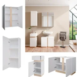 Vicco Badmöbel-Set Weiß Gloria, bestehend aus Bad Spiegelschrank, Waschbeckenunterschrank, Midischrank, Hängeschrank - Unterschrank- und Hängeschrank-Kombination
