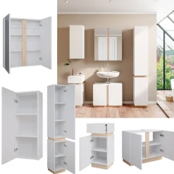 Vicco Badmöbel-Set Weiß Gloria, bestehend aus Bad Spiegelschrank, Midischrank, Hängeschrank, Waschbeckenunterschrank, Hochschrank - Unterschrank- und Hängeschrank-Kombination