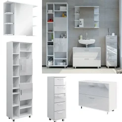 Vicco Badmöbel-Set Weiß Hochglanz Ilias, bestehend aus Badspiegelschrank, Waschbeckenunterschrank, Midischrank, Hochschrank - mit Fächern für flexible Aufbewahrung