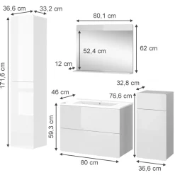Vicco Badmöbel-Set Weiß Izan, bestehend aus Waschbeckenunterschrank, Waschbecken, Hängeschrank, Hochschrank, Midischrank - Mehr Stauraum ohne Bodenfläche zu nutzen