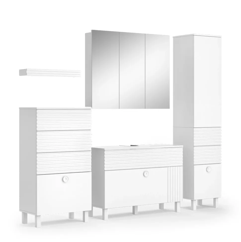 Vicco Badmöbel-Set Weiß Sola, bestehend aus Bad Spiegelschrank, Waschbeckenunterschrank, Midischrank, Hochschrank, Badregal - Viel Stauraum oben und unten