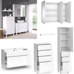 Vicco Badmöbel-Set Weiß Sola, bestehend aus Bad Spiegelschrank, Waschbeckenunterschrank, Midischrank, Hochschrank, Badregal - Viel Stauraum oben und unten