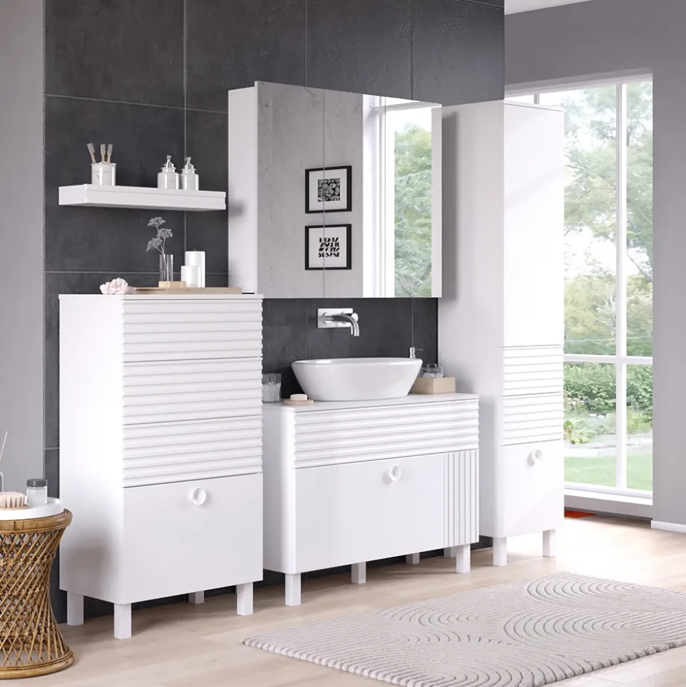 Vicco Badmöbel-Set Weiß Sola, bestehend aus Bad Spiegelschrank, Waschbeckenunterschrank, Midischrank, Hochschrank, Badregal - Viel Stauraum oben und unten