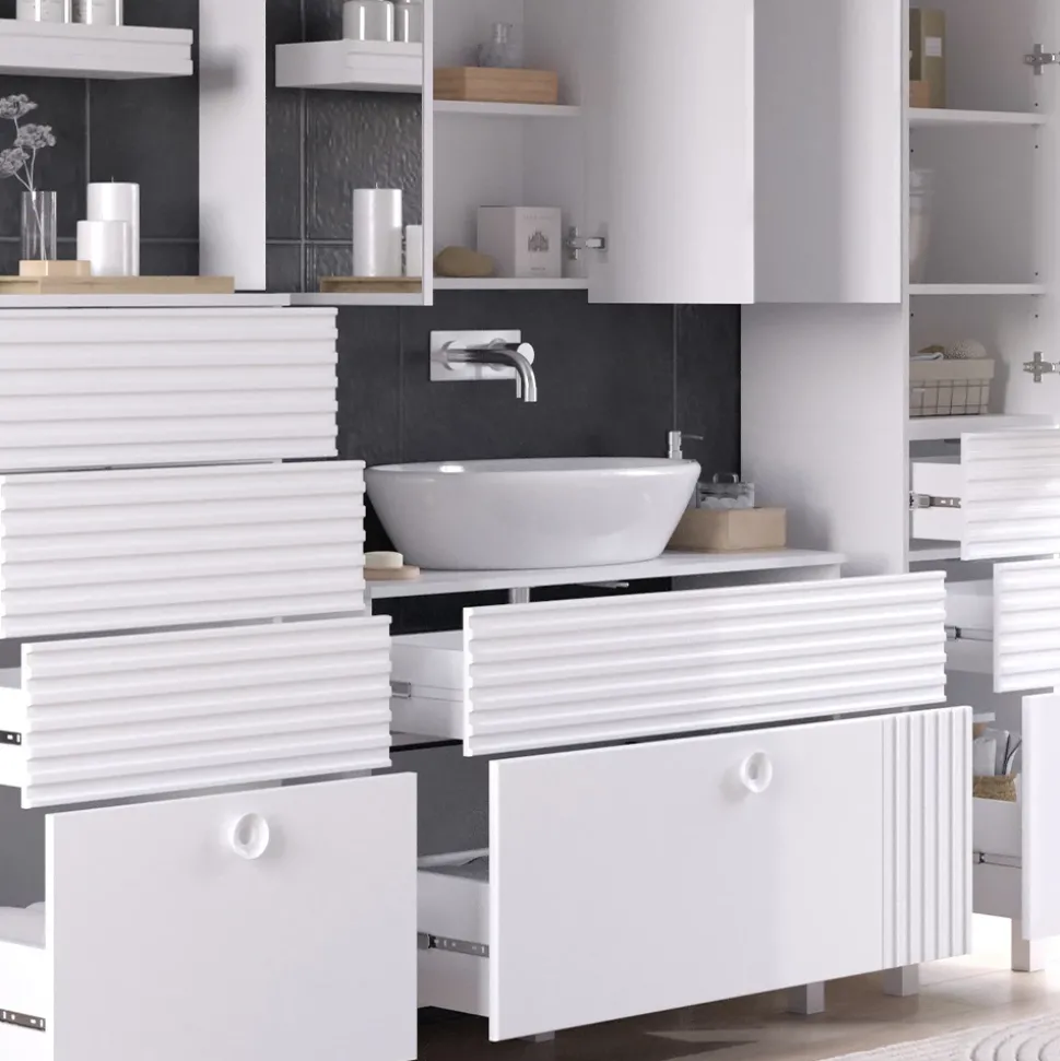 Vicco Badmöbel-Set Weiß Sola, bestehend aus Bad Spiegelschrank, Waschbeckenunterschrank, Midischrank, Hochschrank, Badregal - Viel Stauraum oben und unten