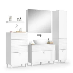 Vicco Badmöbel-Set Weiß Sola, bestehend aus Bad Spiegelschrank, Waschbeckenunterschrank, Midischrank, Hochschrank, Badregal - Viel Stauraum oben und unten