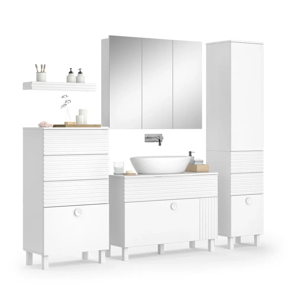 Vicco Badmöbel-Set Weiß Sola, bestehend aus Bad Spiegelschrank, Waschbeckenunterschrank, Midischrank, Hochschrank, Badregal - Viel Stauraum oben und unten