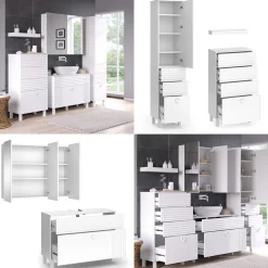 Vicco Badmöbel-Set Weiß Sola, bestehend aus Bad Spiegelschrank, Waschbeckenunterschrank, Midischrank, Hochschrank, Badregal - Viel Stauraum oben und unten