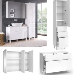 Vicco Badmöbel-Set Weiß Sola, bestehend aus Bad Spiegelschrank, Waschbeckenunterschrank, Hochschrank - Viel Stauraum oben und unten