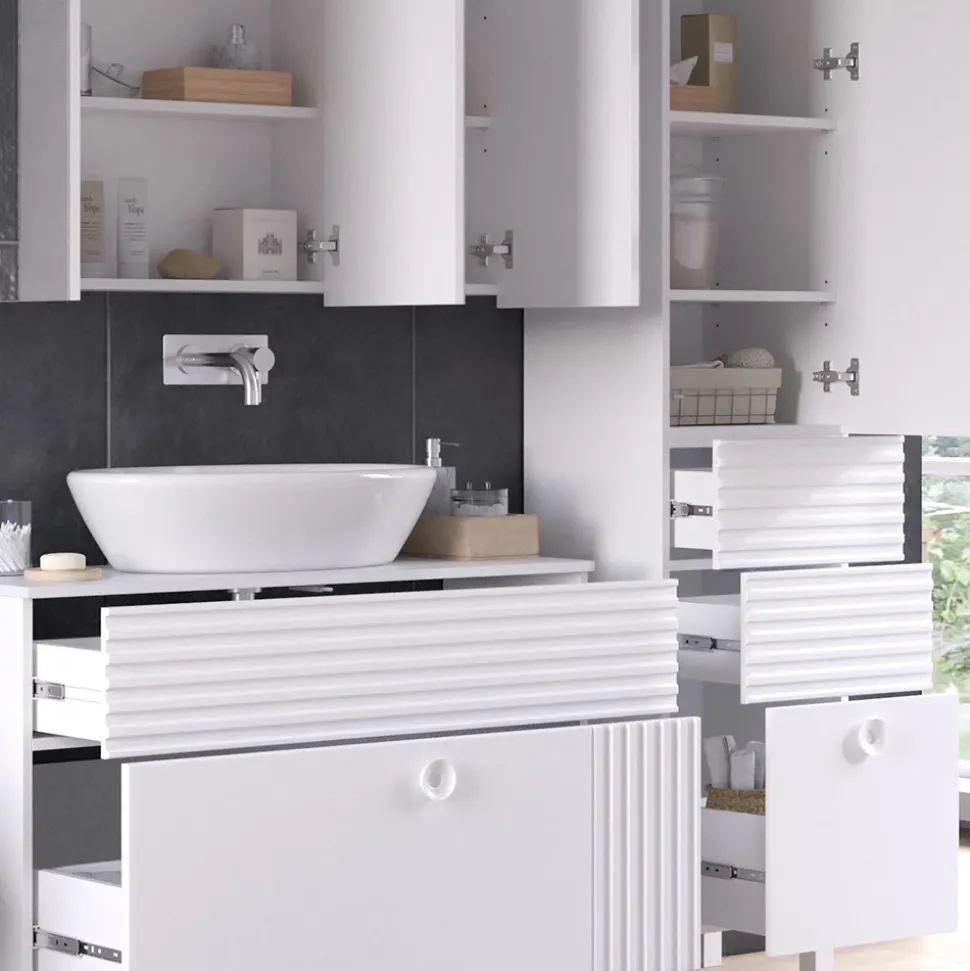 Vicco Badmöbel-Set Weiß Sola, bestehend aus Bad Spiegelschrank, Waschbeckenunterschrank, Hochschrank - Viel Stauraum oben und unten