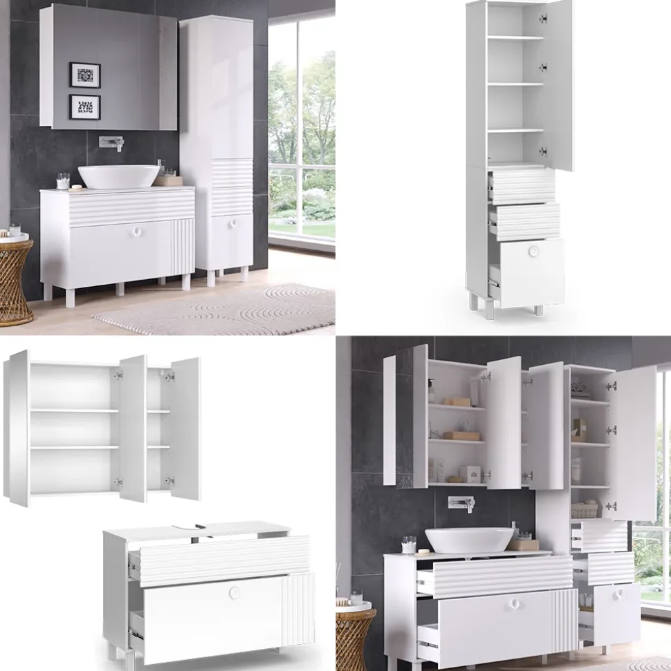 Vicco Badmöbel-Set Weiß Sola, bestehend aus Bad Spiegelschrank, Waschbeckenunterschrank, Hochschrank - Viel Stauraum oben und unten