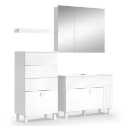 Vicco Badmöbel-Set Weiß Sola, bestehend aus Bad Spiegelschrank, Waschbeckenunterschrank, Midischrank, Hängeschrank - Viel Stauraum oben und unten