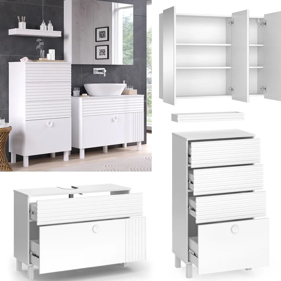 Vicco Badmöbel-Set Weiß Sola, bestehend aus Bad Spiegelschrank, Waschbeckenunterschrank, Midischrank, Hängeschrank - Viel Stauraum oben und unten