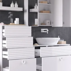 Vicco Badmöbel-Set Weiß Sola, bestehend aus Bad Spiegelschrank, Waschbeckenunterschrank, Midischrank, Hängeschrank - Viel Stauraum oben und unten