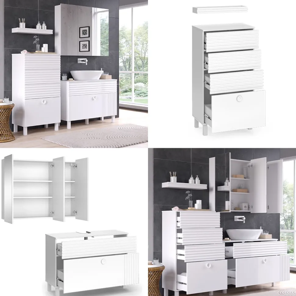 Vicco Badmöbel-Set Weiß Sola, bestehend aus Bad Spiegelschrank, Waschbeckenunterschrank, Midischrank, Hängeschrank - Viel Stauraum oben und unten