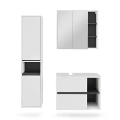 Vicco Badmöbel-Set Weiß/Grau Viola, bestehend aus Bad Spiegelschrank, Waschbeckenunterschrank, Hochschrank - Mehr Stauraum ohne Bodenfläche zu nutzen