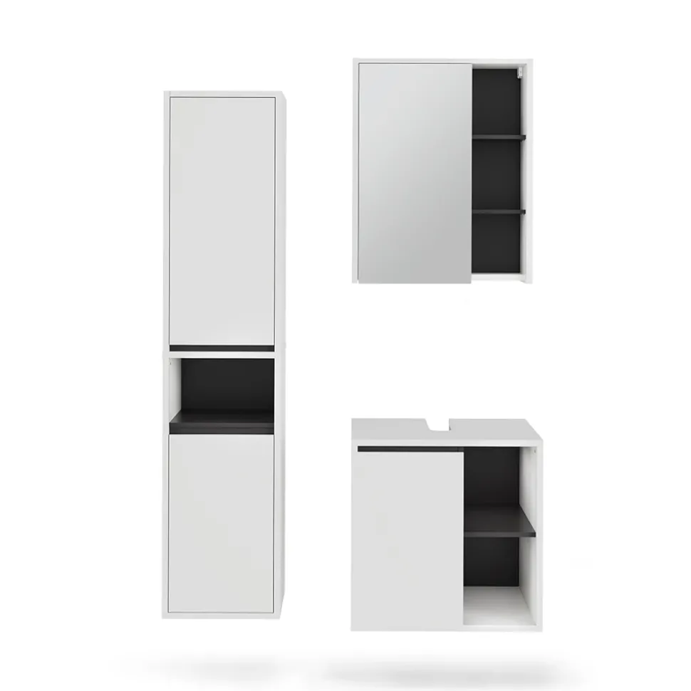 Vicco Badmöbel-Set Weiß/Grau Viola, bestehend aus Bad Spiegelschrank, Waschbeckenunterschrank, Hochschrank - Mehr Stauraum ohne Bodenfläche zu nutzen