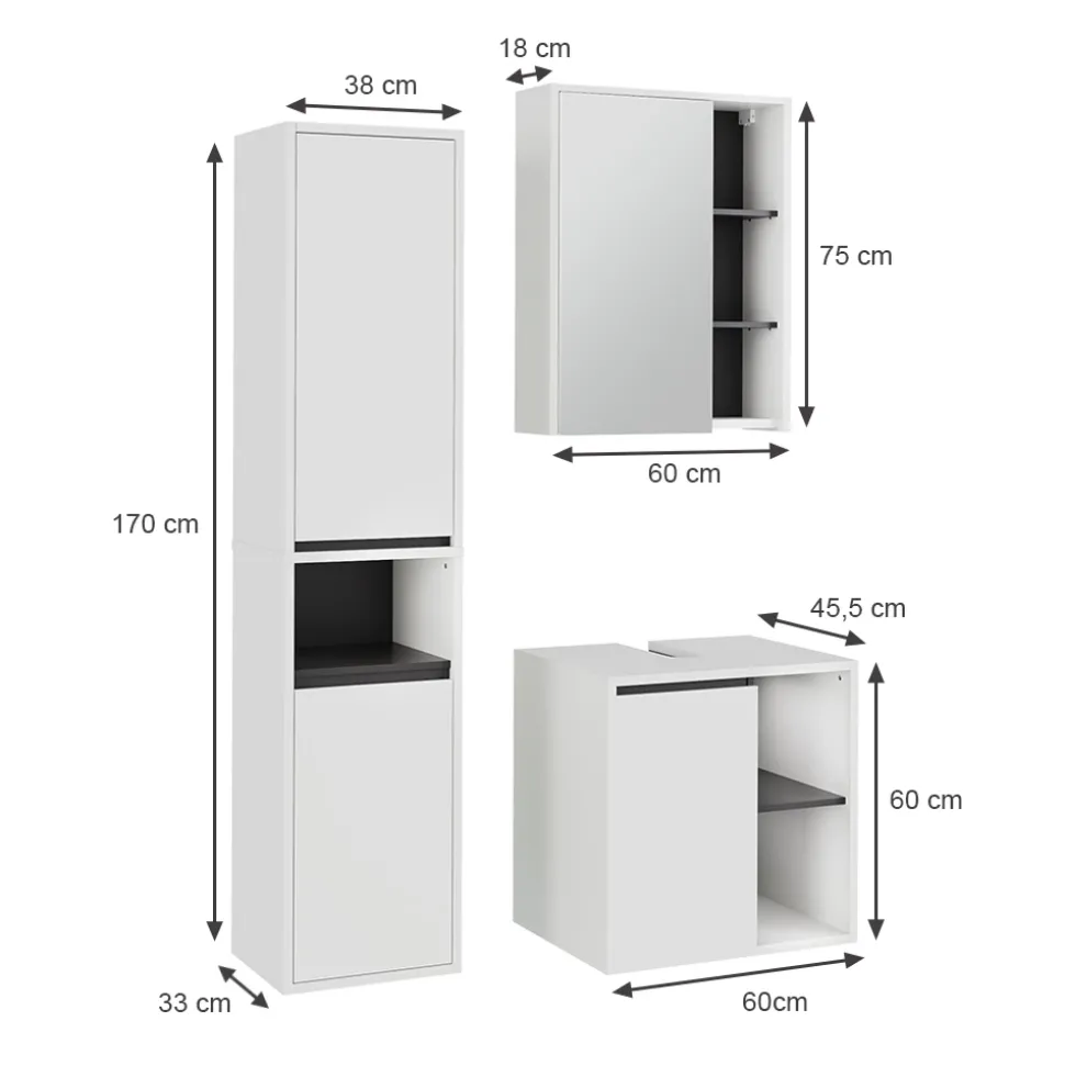 Vicco Badmöbel-Set Weiß/Grau Viola, bestehend aus Bad Spiegelschrank, Waschbeckenunterschrank, Hochschrank - Mehr Stauraum ohne Bodenfläche zu nutzen