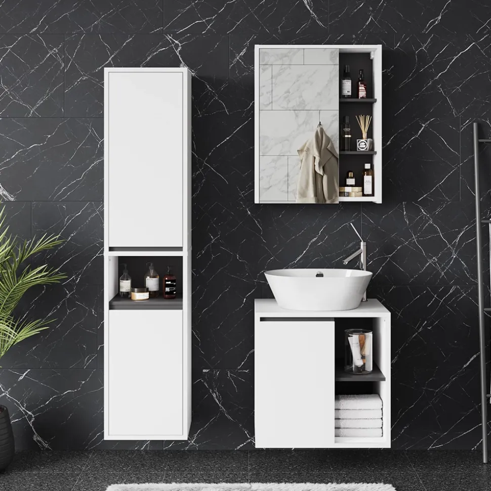 Vicco Badmöbel-Set Weiß/Grau Viola, bestehend aus Bad Spiegelschrank, Waschbeckenunterschrank, Hochschrank - Mehr Stauraum ohne Bodenfläche zu nutzen